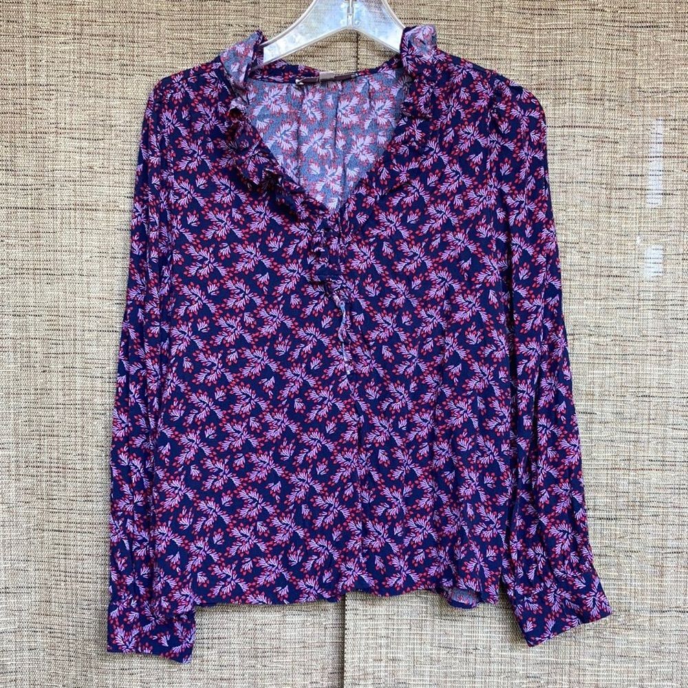 LOFT geo floral print rayon blouse red and navy